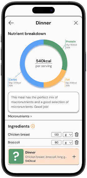 The meal breakdown after changes from usability testing insights. The screen displays a some advice on the meals nutritional value.