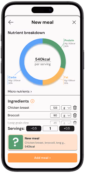 The meal breakdown before changes from usability testing insights. The screen displays a macronutrient breakdown of the meal.