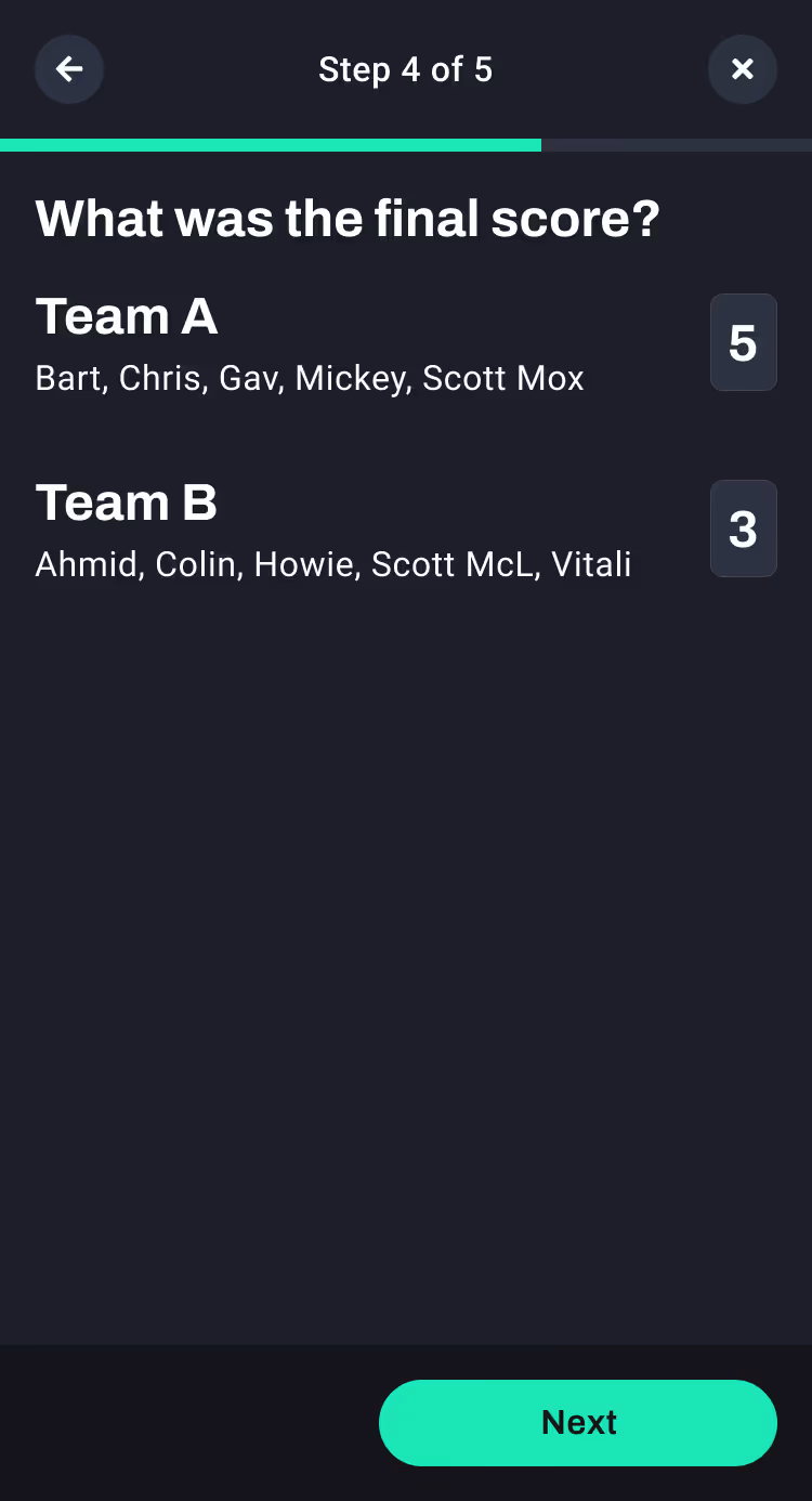 Add score page with player names added to help identify teams.
