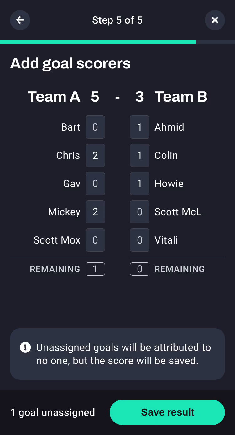 The updated add scorers page, which alerts users to unassigned goals.