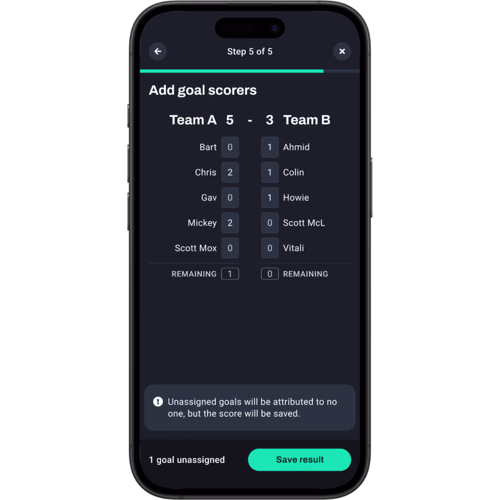 The page for users to attribute goals to goal scorers before submitting a result.