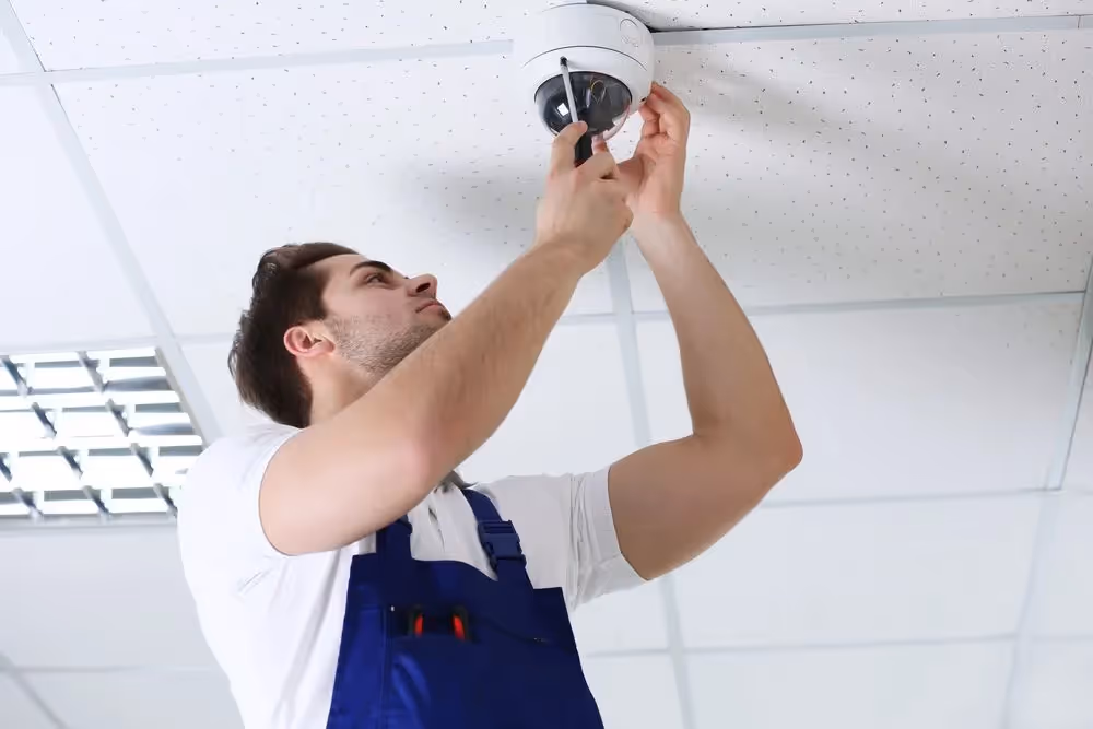 Man installing a security camera in a home