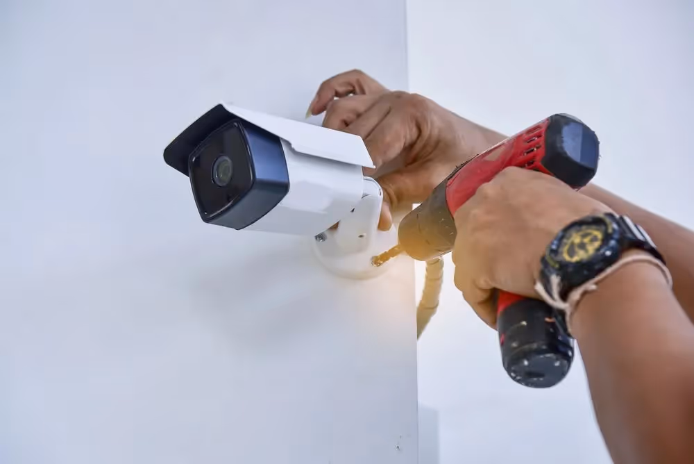 Man installing a security camera in a home