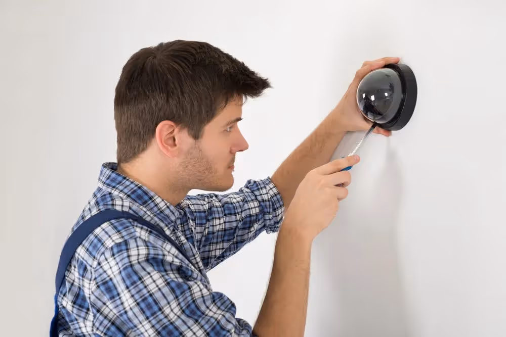 Man installing a home security system