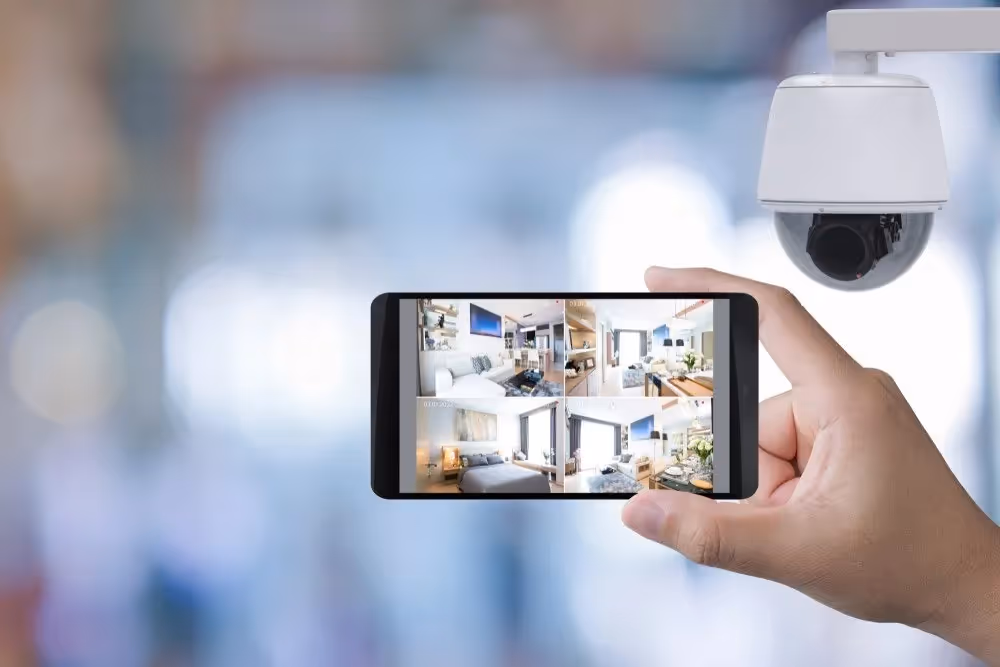 Home security system being watched on a mobile device
