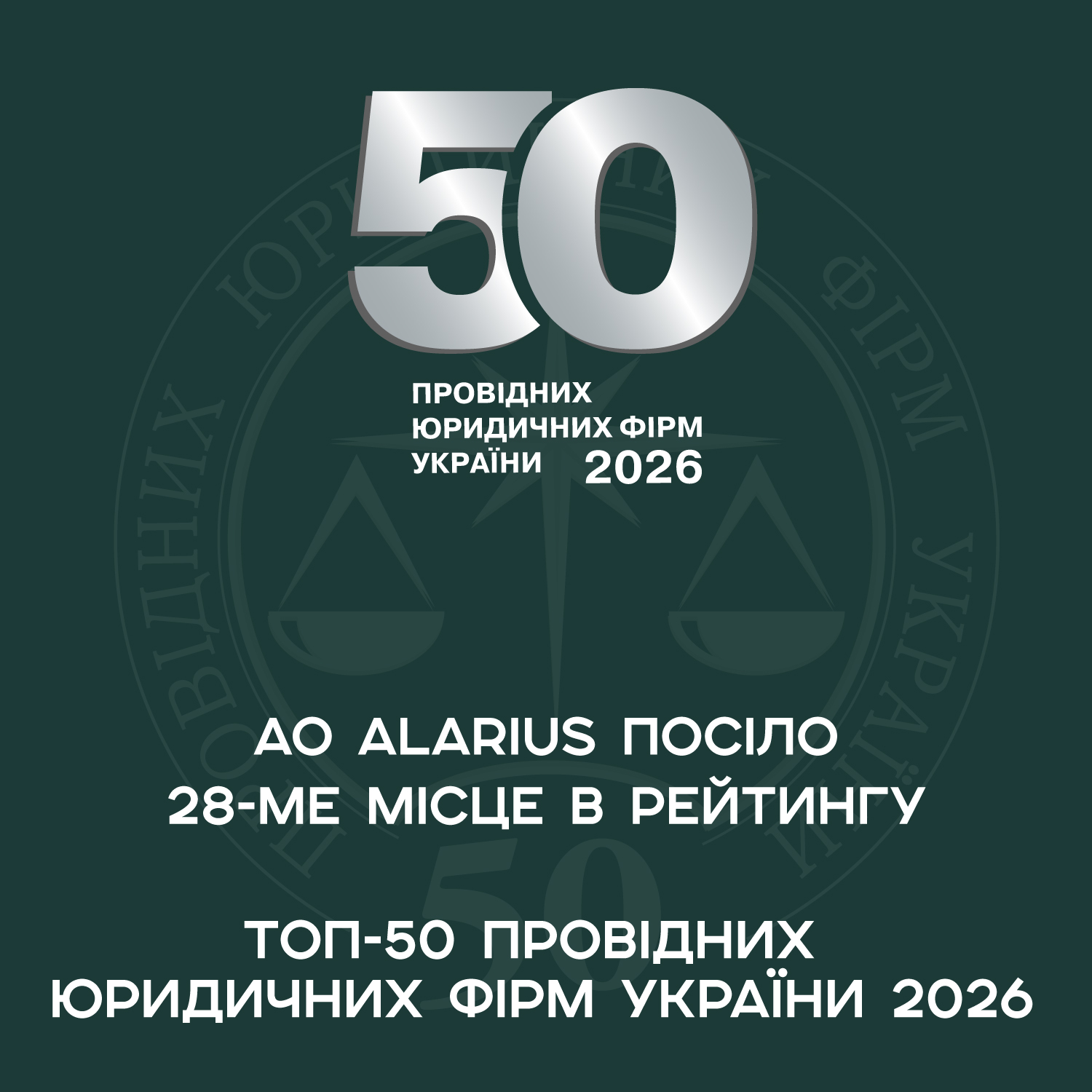 АО Alarius посіло 28-ме місце згідно результатів рейтингу «ТОП - 50 провідних юридичних фірм України».