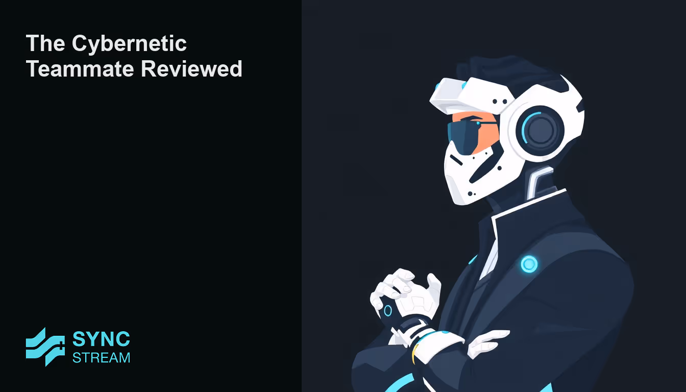 Flat vector illustration of a cybernetic teammate on a dark background with white and cyan accents