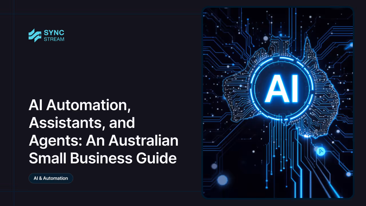 Flat vector illustration of AI assistants supporting Australian small businesses on a dark background with white and cyan accents.
