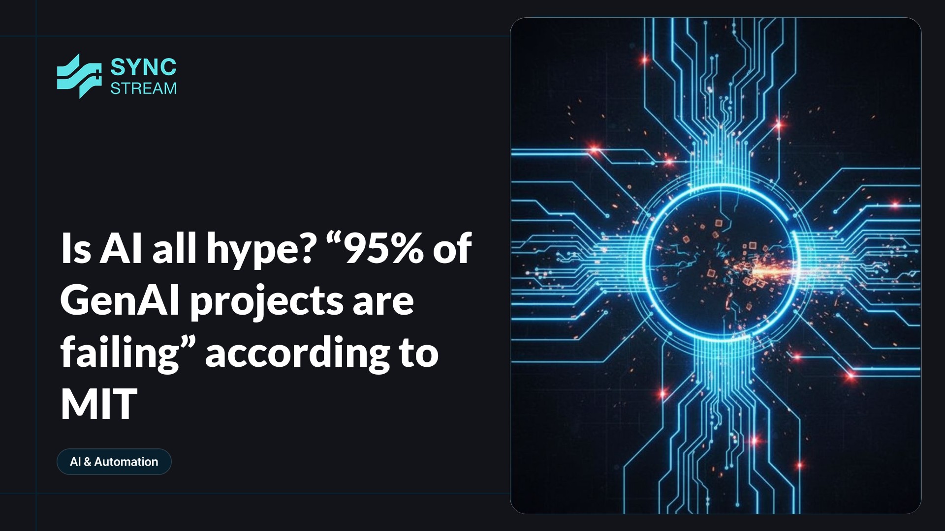 Central minimal neon circuit "brain" in blue and magenta on a dark background, subtly glitching to convey skepticism about generative AI project failures.