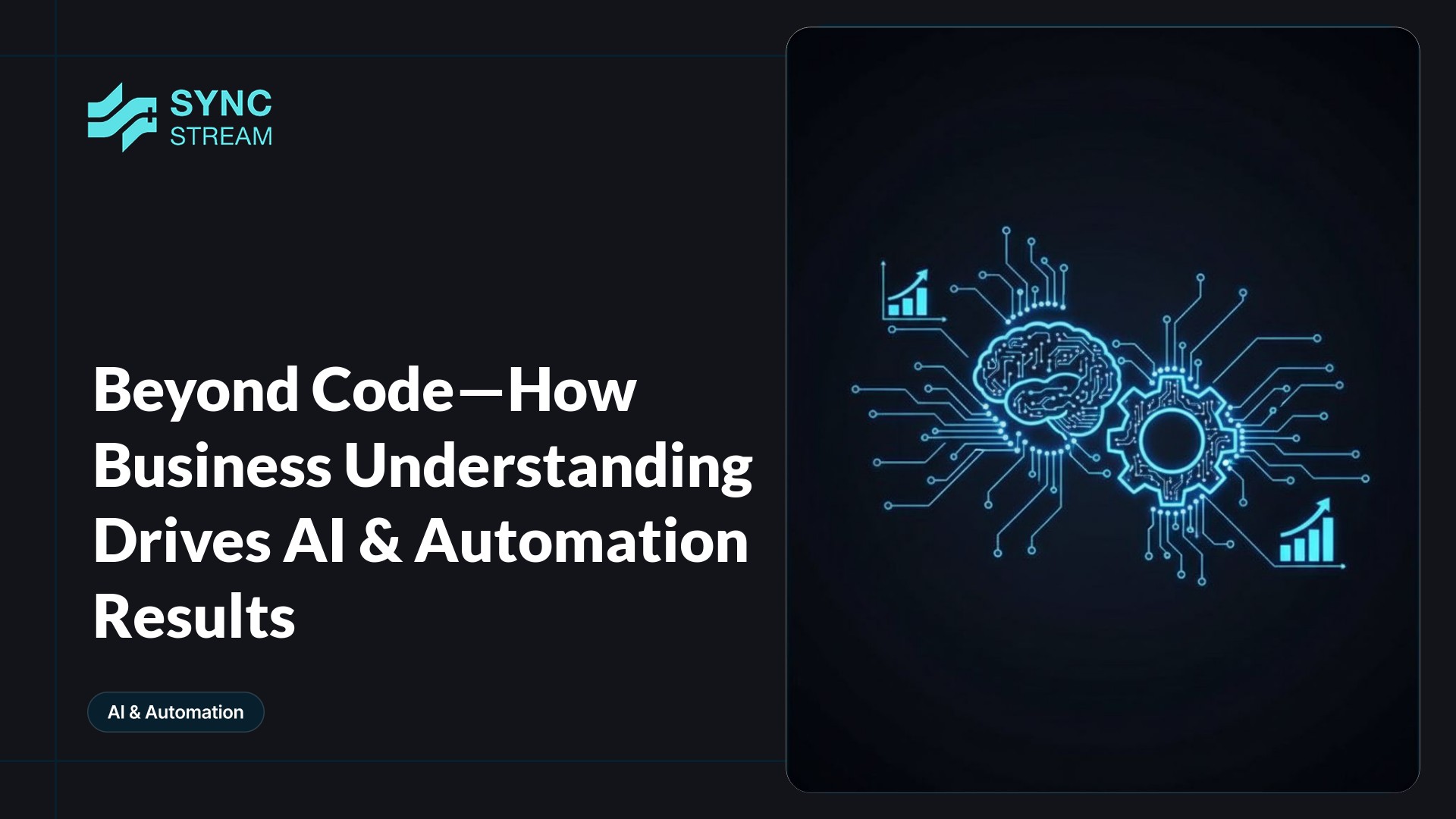 Minimal neon circuit image: a central glowing circuit‑brain in electric blue and magenta linked to simple gear and node symbols on a dark background.