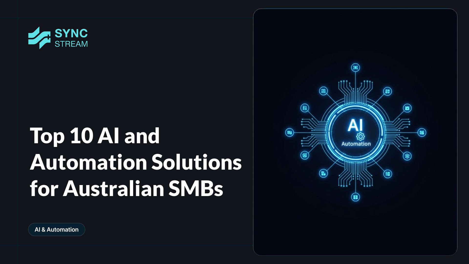Minimal central neon circuit forming an abstract microchip/brain, glowing cyan and magenta on a dark background to evoke AI and automation for SMBs.