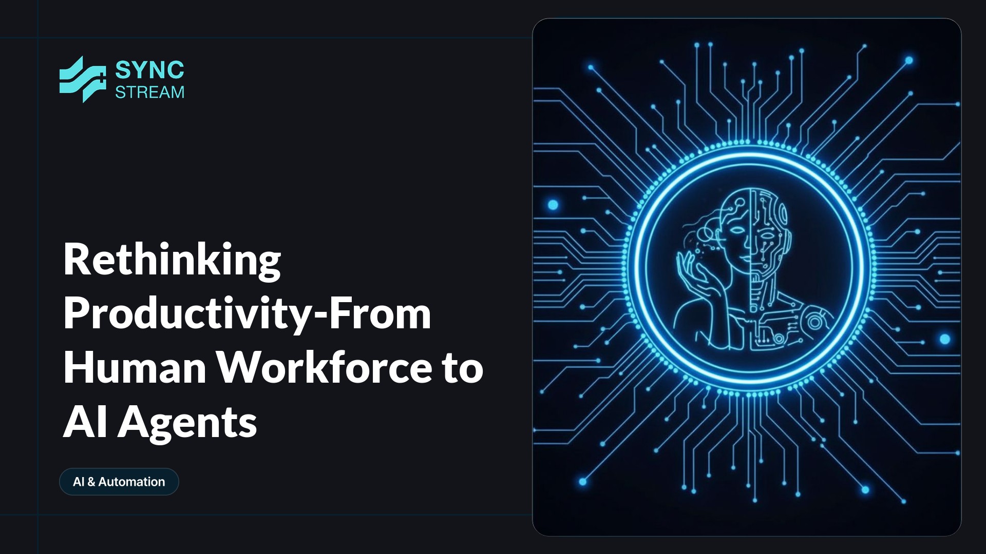 Minimal central graphic: a single neon circuit motif showing a stylized human silhouette morphing into a simplified AI/agent node, with glowing cyan and magenta traces on a dark background.