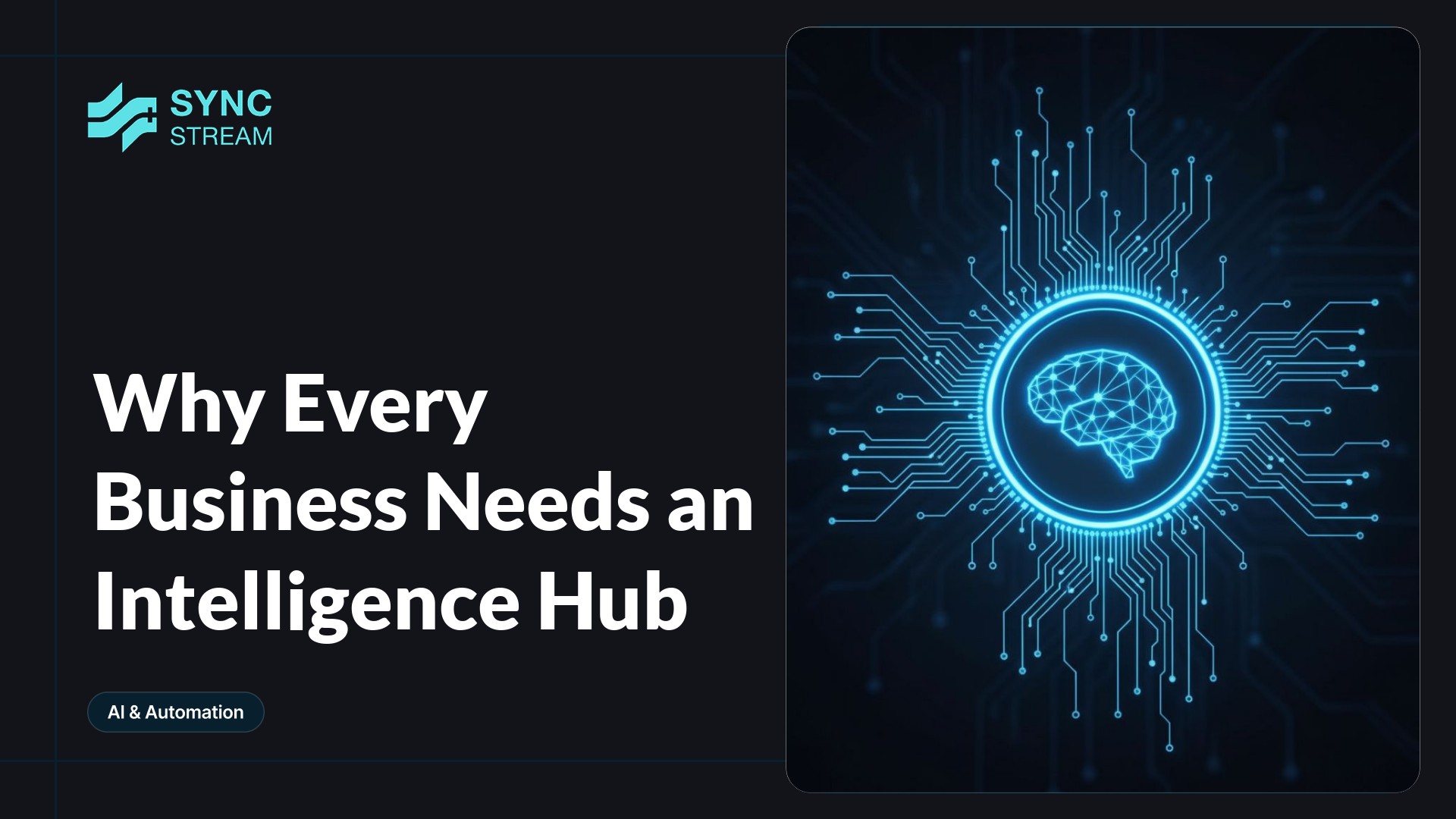 Minimal neon circuit hub: a central glowing node in blue and magenta with radiating circuit-like lines on a dark background, representing a business intelligence hub.