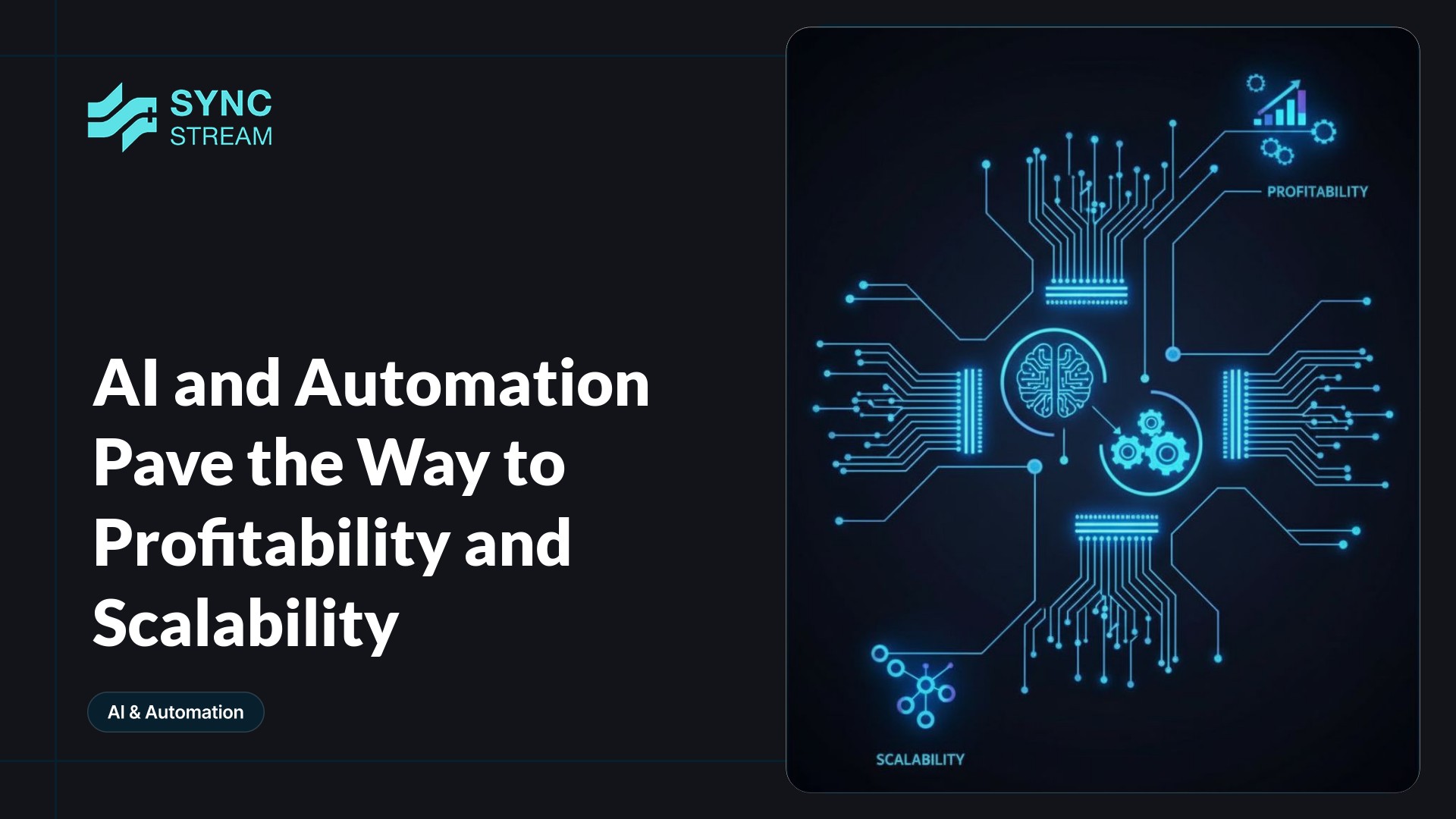Centered neon circuit-brain with glowing blue-purple traces forming upward arrows on a dark background, symbolizing AI-driven automation and growth.