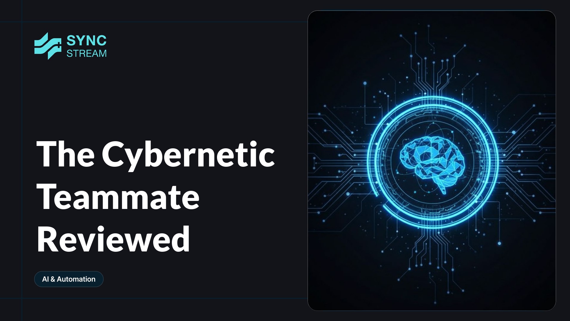 Minimal neon circuit-style central graphic of a half-human, half-robot bust with a stylized headset and glowing teal and magenta circuit traces radiating from it on a dark background.