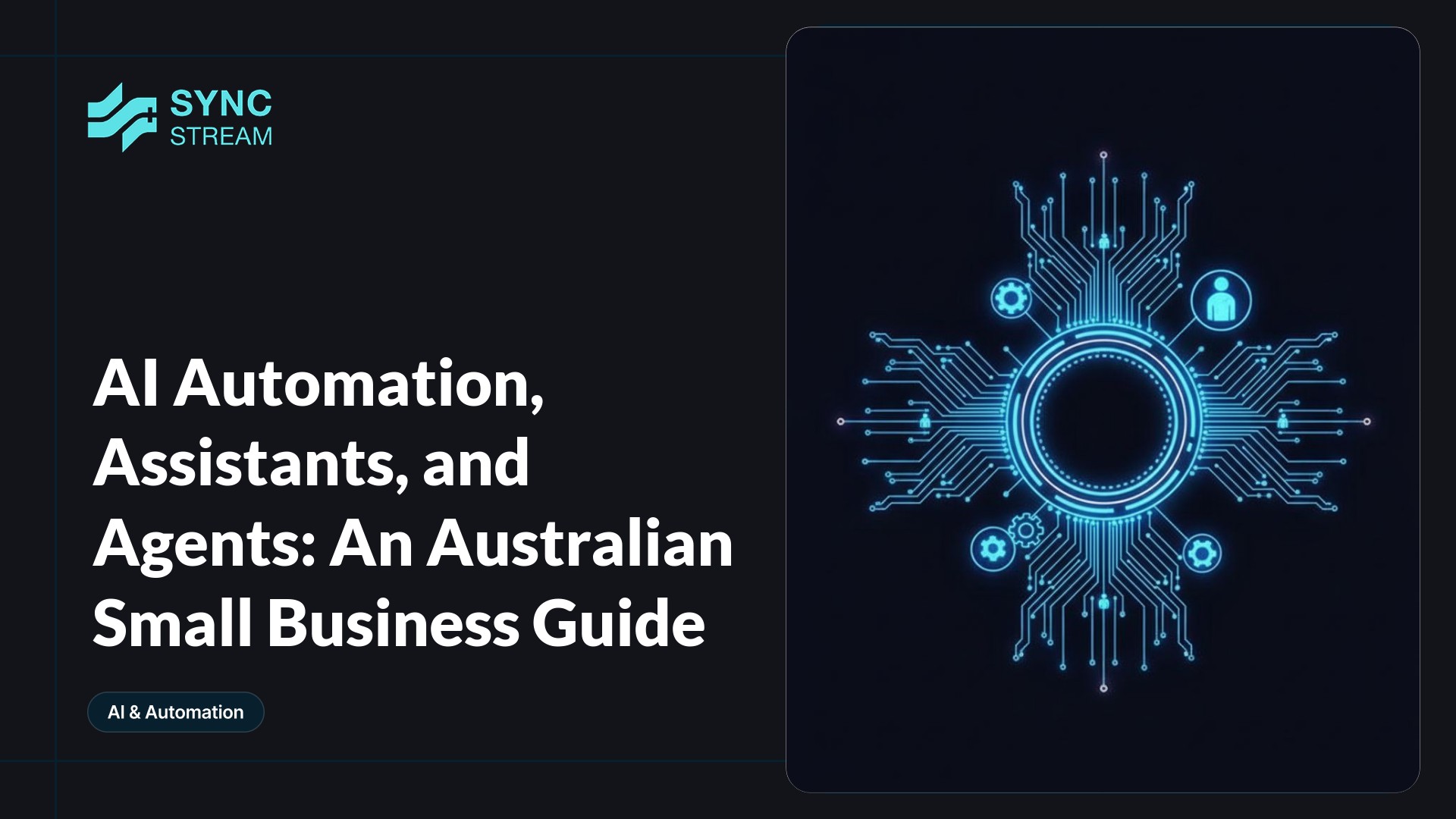 Minimal central neon circuit-style AI brain icon in teal and magenta on a dark background, representing AI automation for small businesses.