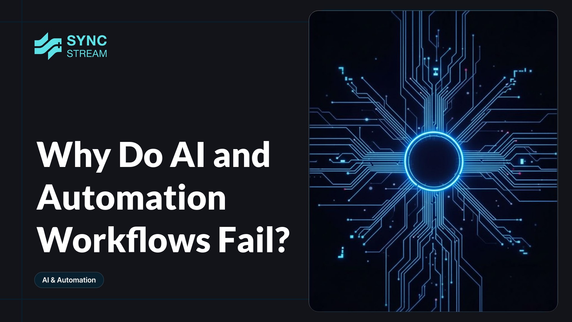 Minimal neon circuit—electric-blue and magenta traces converge on a single broken connection with a small spark, evoking failed AI/automation workflows.