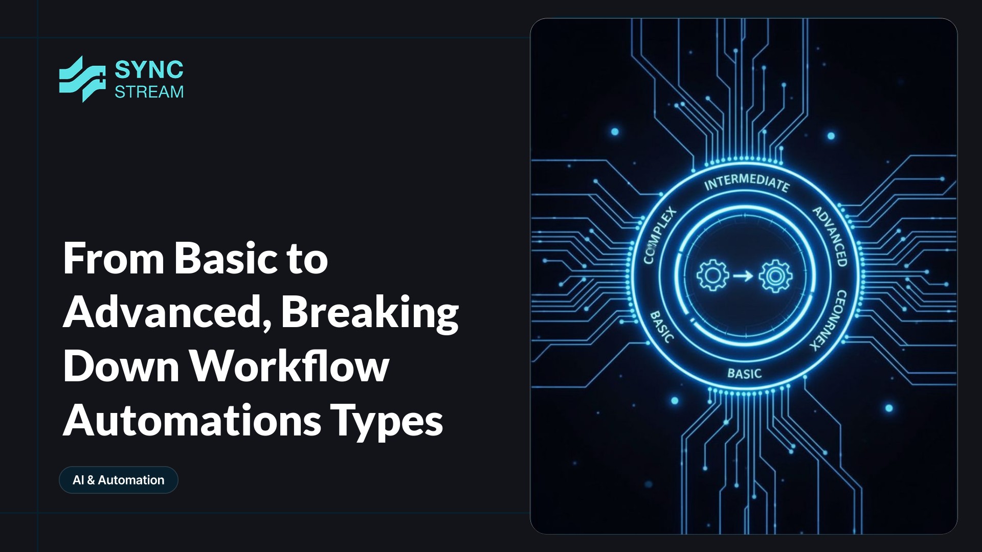 Minimal central neon circuit graphic representing workflow automation stages—simplified glowing nodes and concentric circuit lines in blue, cyan, and magenta on a dark background.