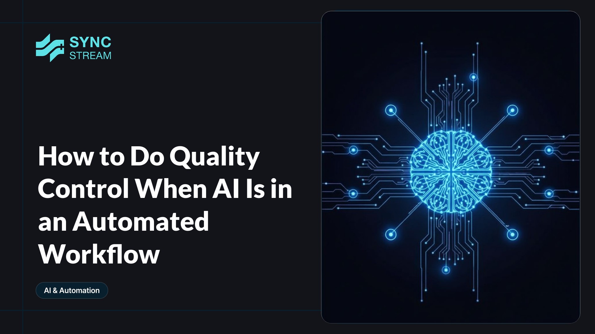 Minimal neon-blue and magenta circuit lines on a dark background converging on a glowing central AI chip with a magnifying-glass overlay, symbolizing quality inspection in an automated workflow.