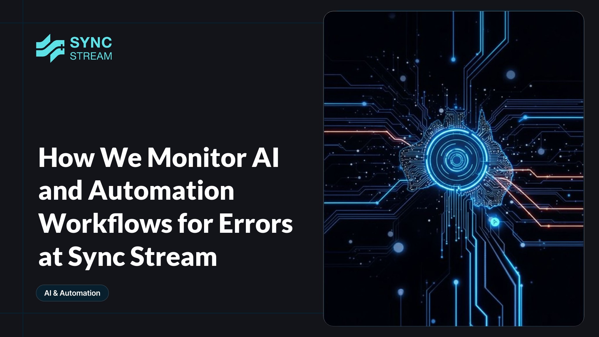 Simple neon circuit graphic: a central glowing node representing an AI monitoring hub with branching neon circuit lines and a few small blinking error indicators on a dark background.