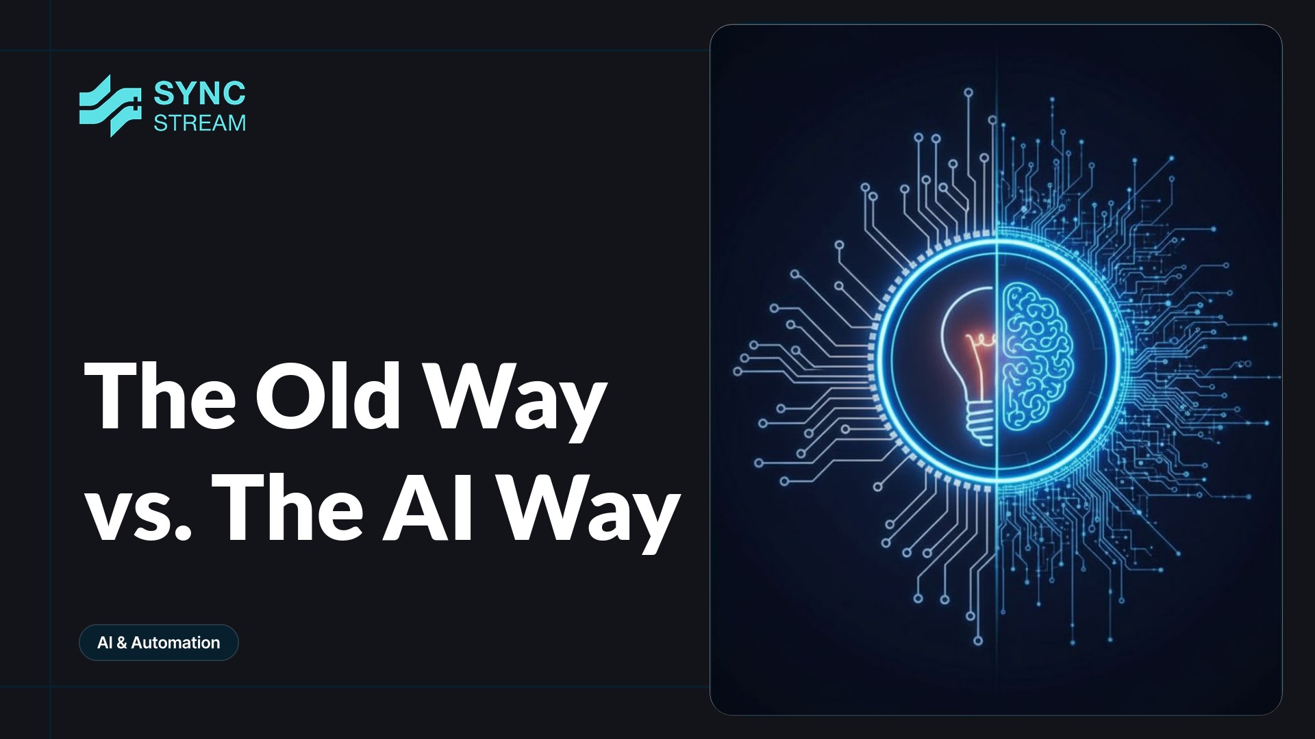 Centered minimal neon circuit graphic split down the middle: left shows a worn metallic gear with subdued orange‑purple glow, right shows a sleek cyan‑magenta neural‑circuit brain pattern on a dark background.