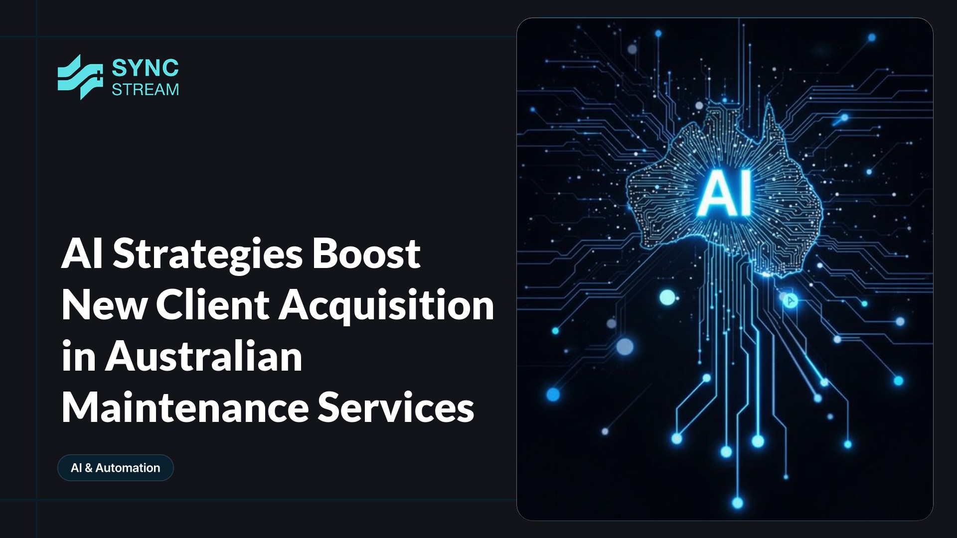 Minimal neon circuit-style central graphic: a glowing AI brain merged with a wrench and upward arrow, teal and magenta circuit traces radiating on a dark background.