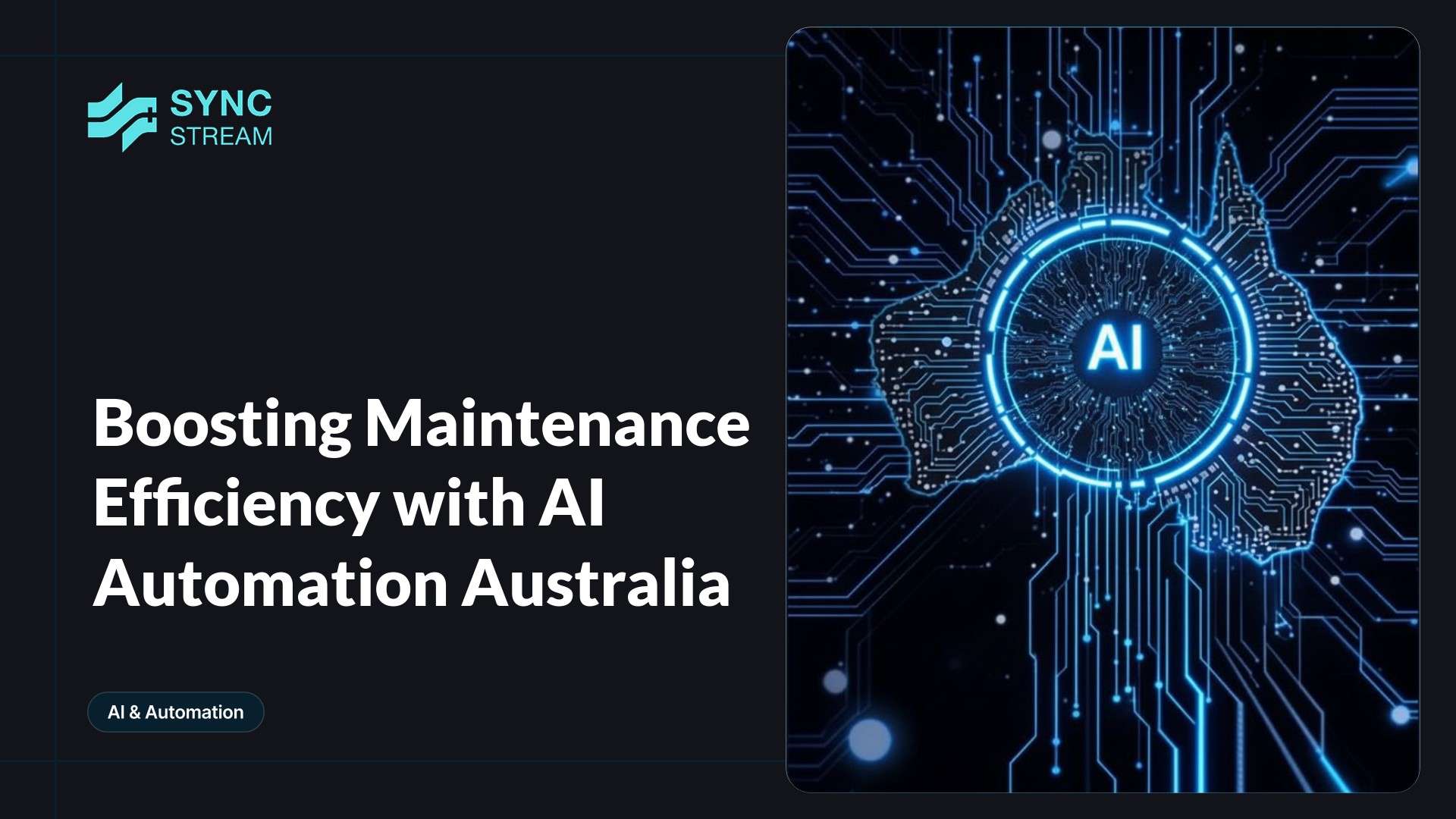 Minimal, dark-background image with a single neon circuit-style icon: a stylized wrench merged with a microchip, glowing electric blue and magenta, evoking AI-driven maintenance automation.