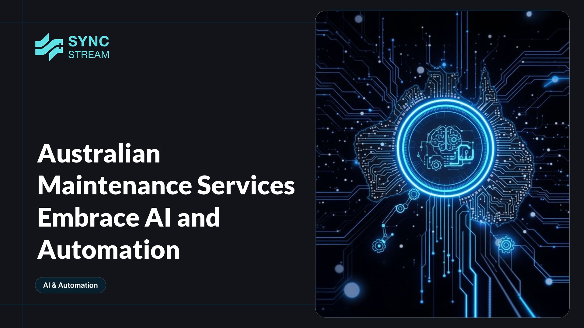 Minimal neon circuit graphic of a robotic wrench and AI chip at the center, glowing cyan and magenta on a dark background.