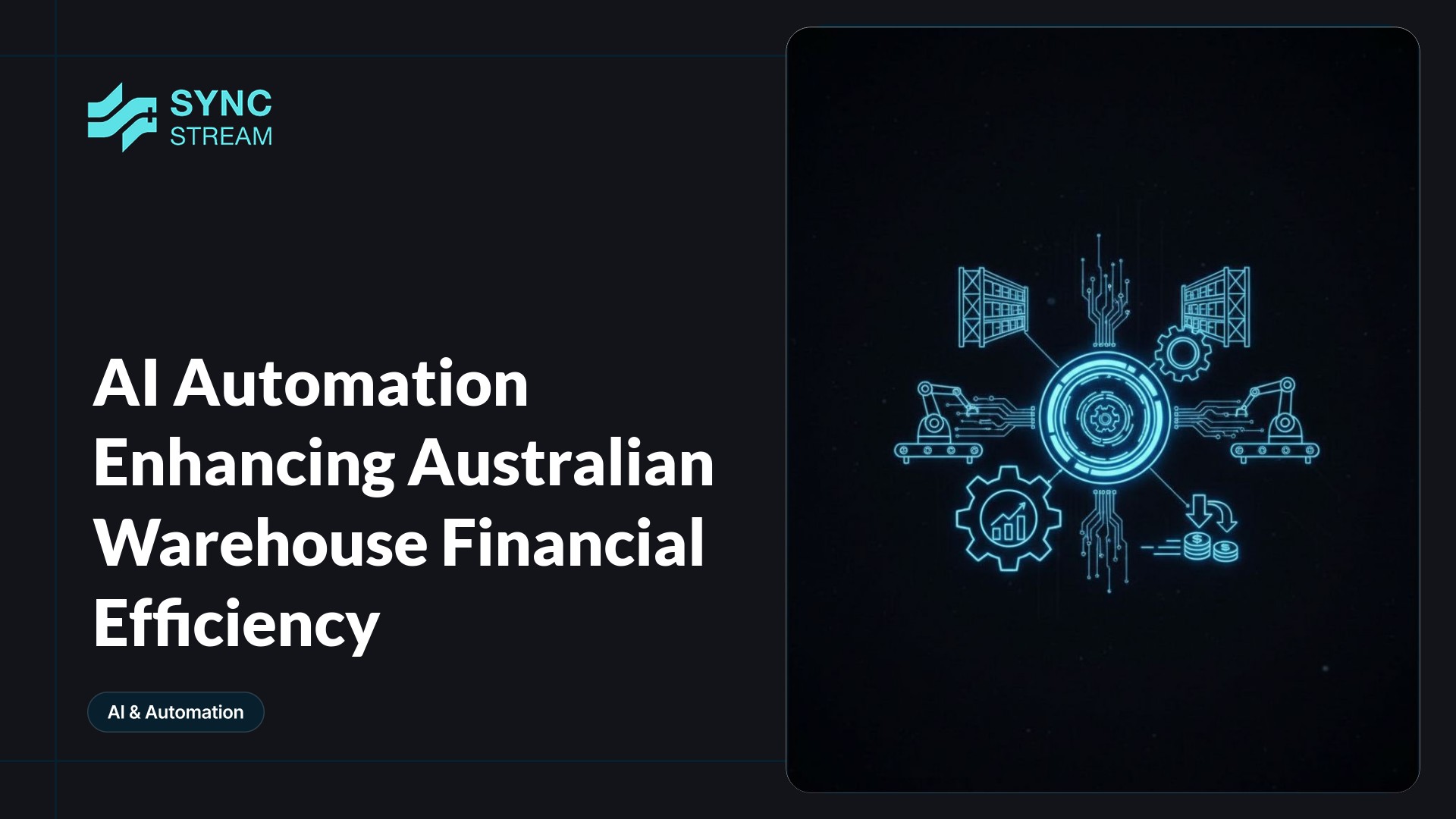 Central neon circuit-style AI chip integrated into a simple warehouse silhouette with a glowing dollar icon, in neon blue and purple on a dark background.