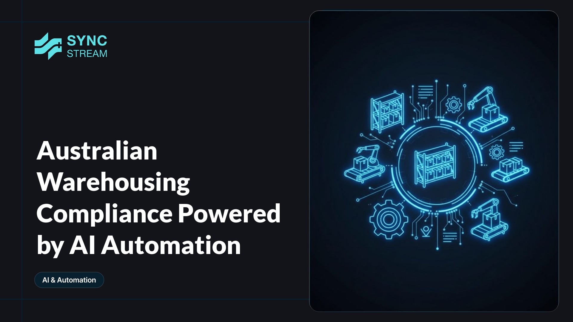 Neon circuit-style warehouse icon with glowing AI nodes in teal and magenta.