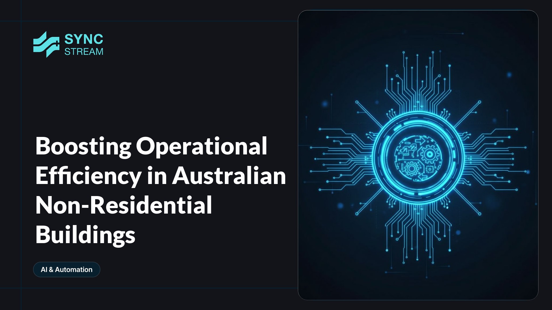 Minimal central neon circuit graphic: glowing blue-and-green circuit traces form an abstract commercial building silhouette with connected nodes on a dark background.