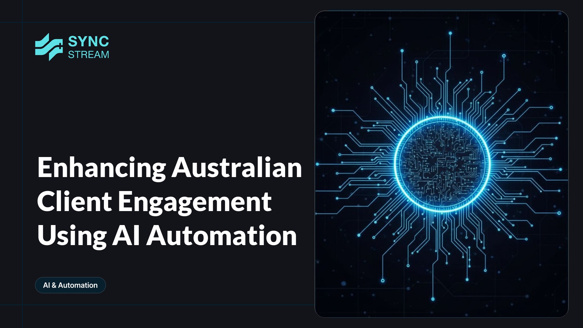 Minimal neon-style image of a glowing central AI chip with radiating circuit lines in teal and magenta on a dark background, evoking automated client connections.