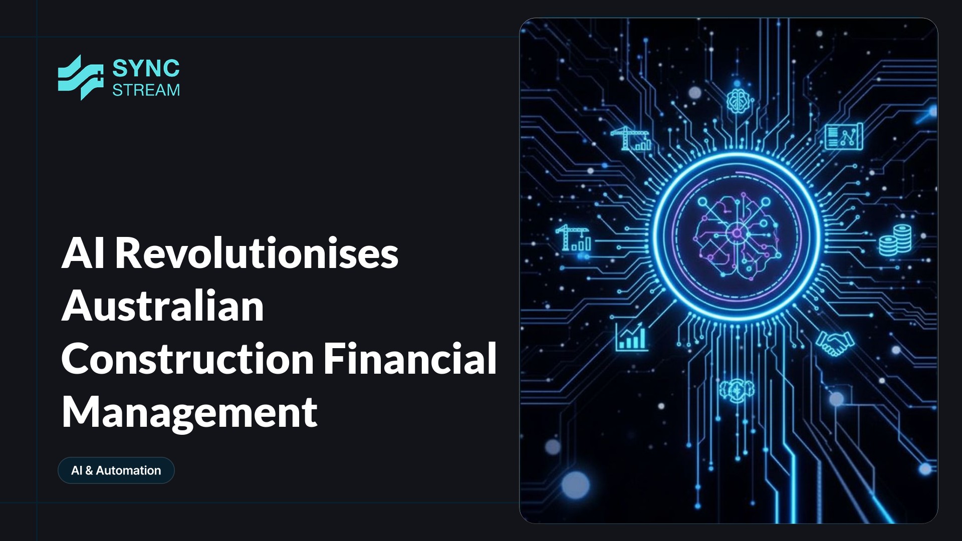 Minimal neon circuit-style icon of a construction crane merged with a glowing digital circuit board, cyan and magenta on a dark background, symbolizing AI-driven construction finance.