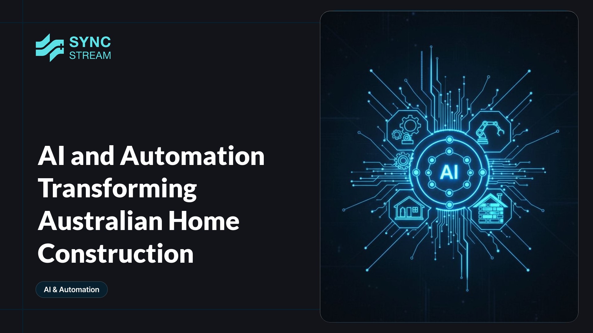 Minimal neon circuit-style outline of a house centered on a dark background, with a glowing AI chip and radiating circuit traces suggesting automated construction.