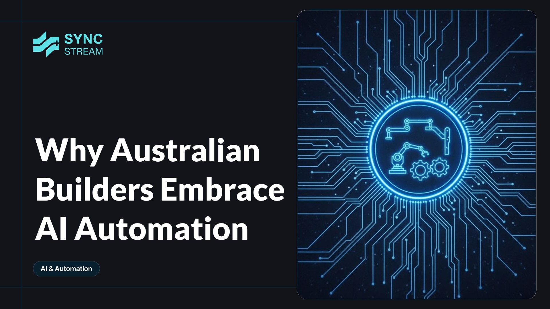 Central neon circuit-style graphic of a glowing construction hard hat formed from blue and magenta circuit traces on a dark background.
