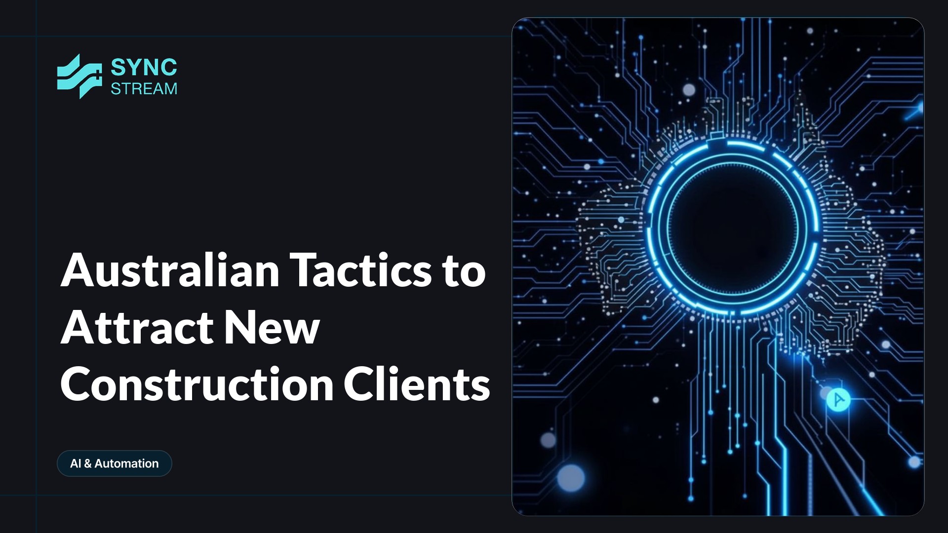 Minimal neon circuit-style central graphic: glowing handshake formed from circuit traces above a simplified building silhouette, teal and magenta on a dark background.