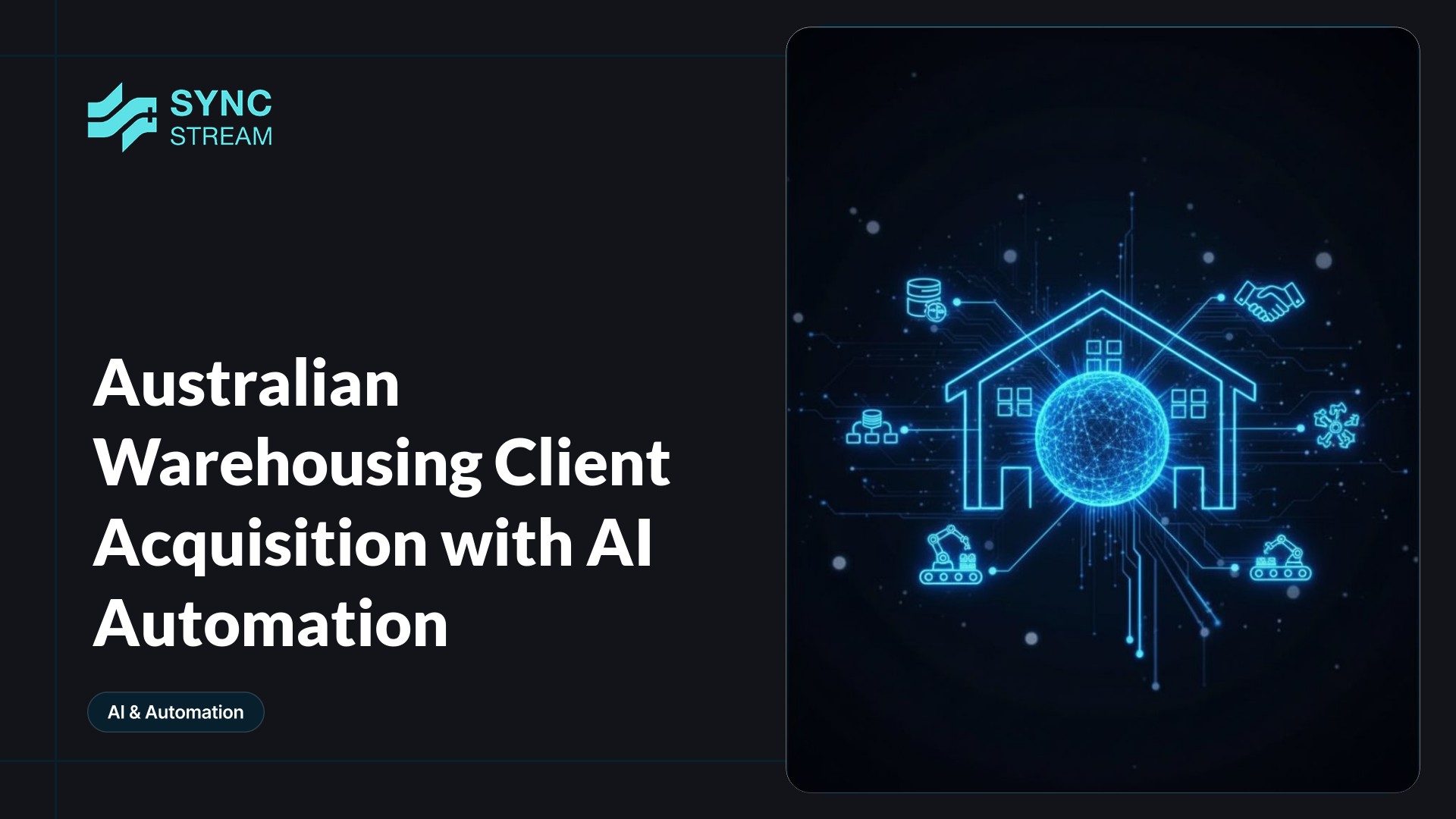 Central neon circuit-style graphic of a stylized warehouse connected to glowing AI nodes in cyan and magenta on a dark background.