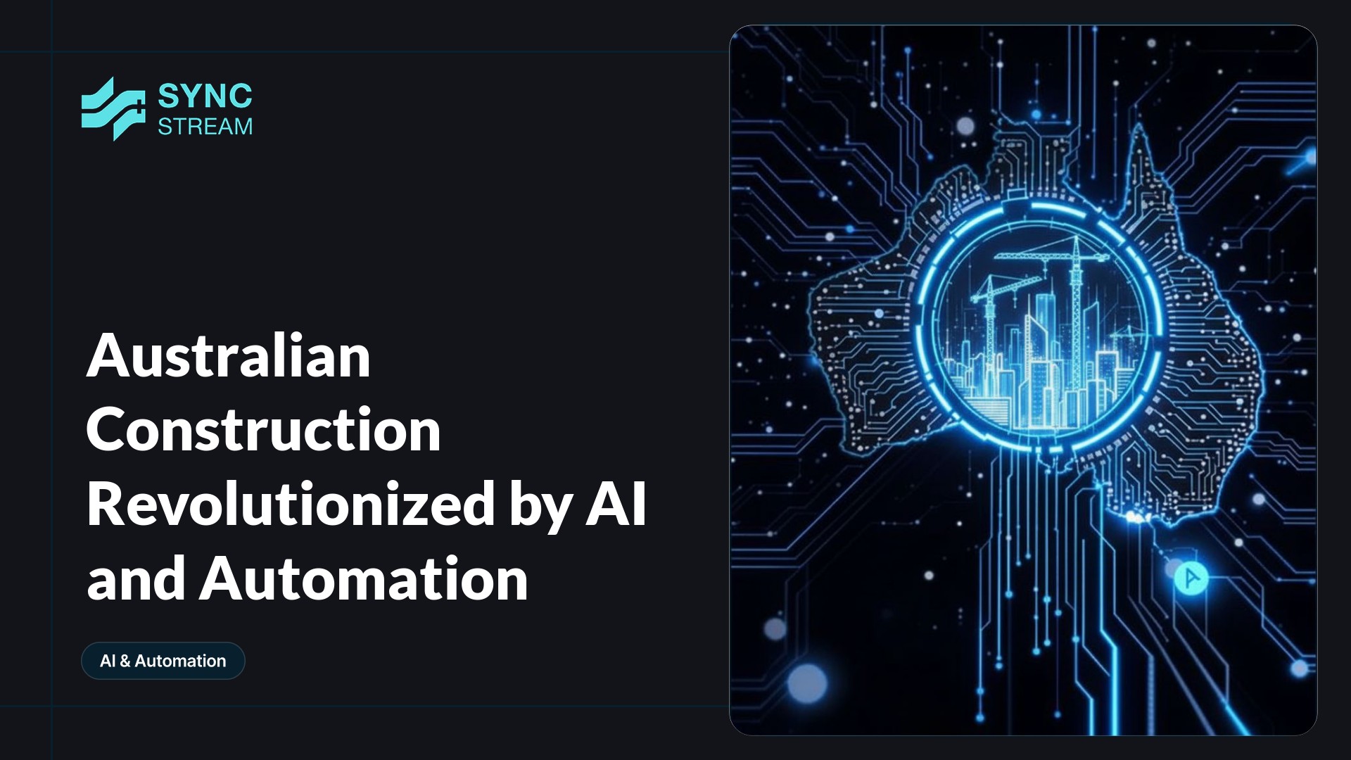Minimal neon circuit-style image of a single central robotic crane arm formed from glowing blue and magenta circuit traces above a simplified construction-site silhouette on a dark background, symbolizing AI-driven automation in Australian construction.