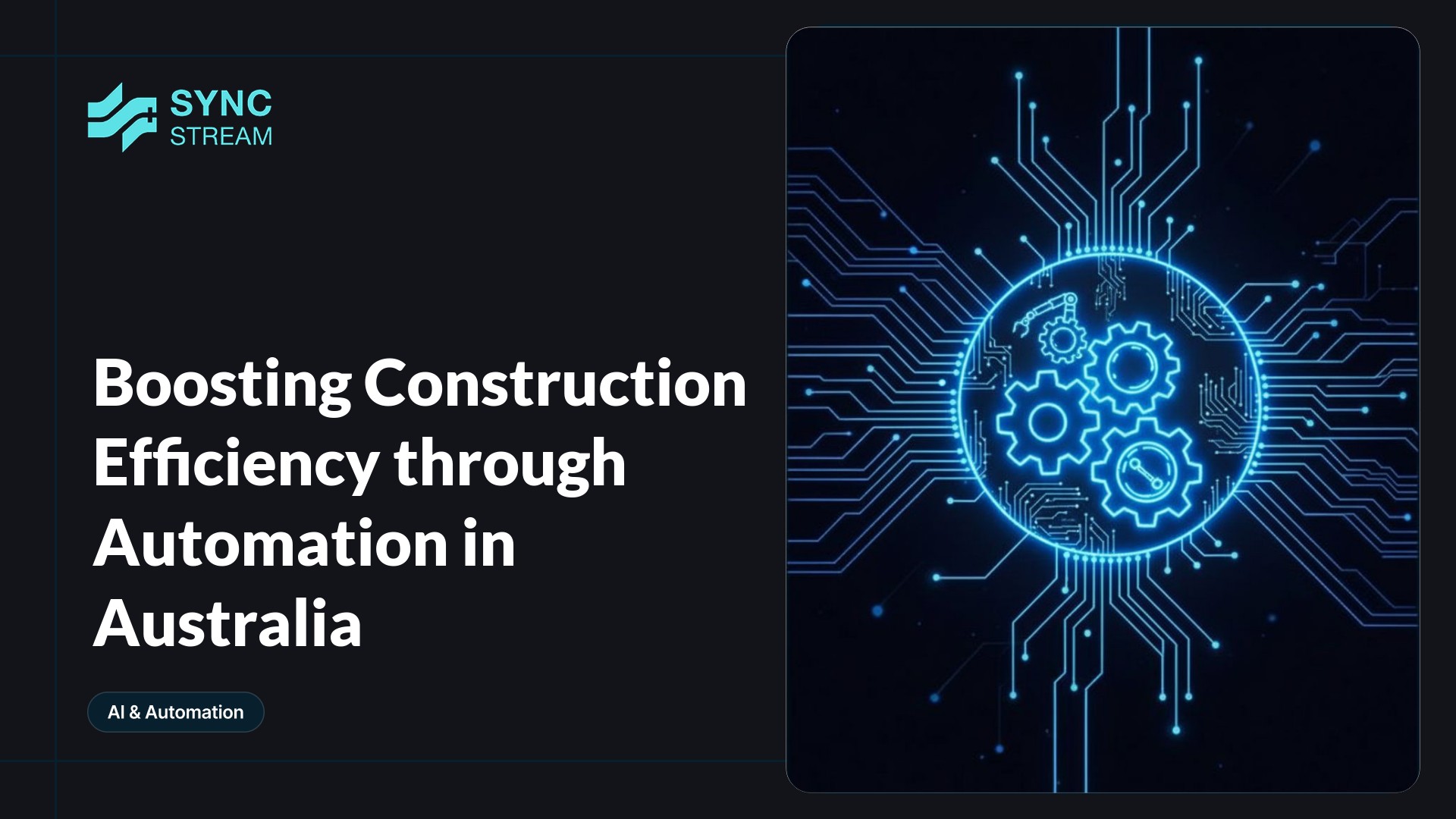 Minimal neon circuit-style graphic: a single robotic arm assembling a simplified building frame, glowing cyan and magenta on a dark background.