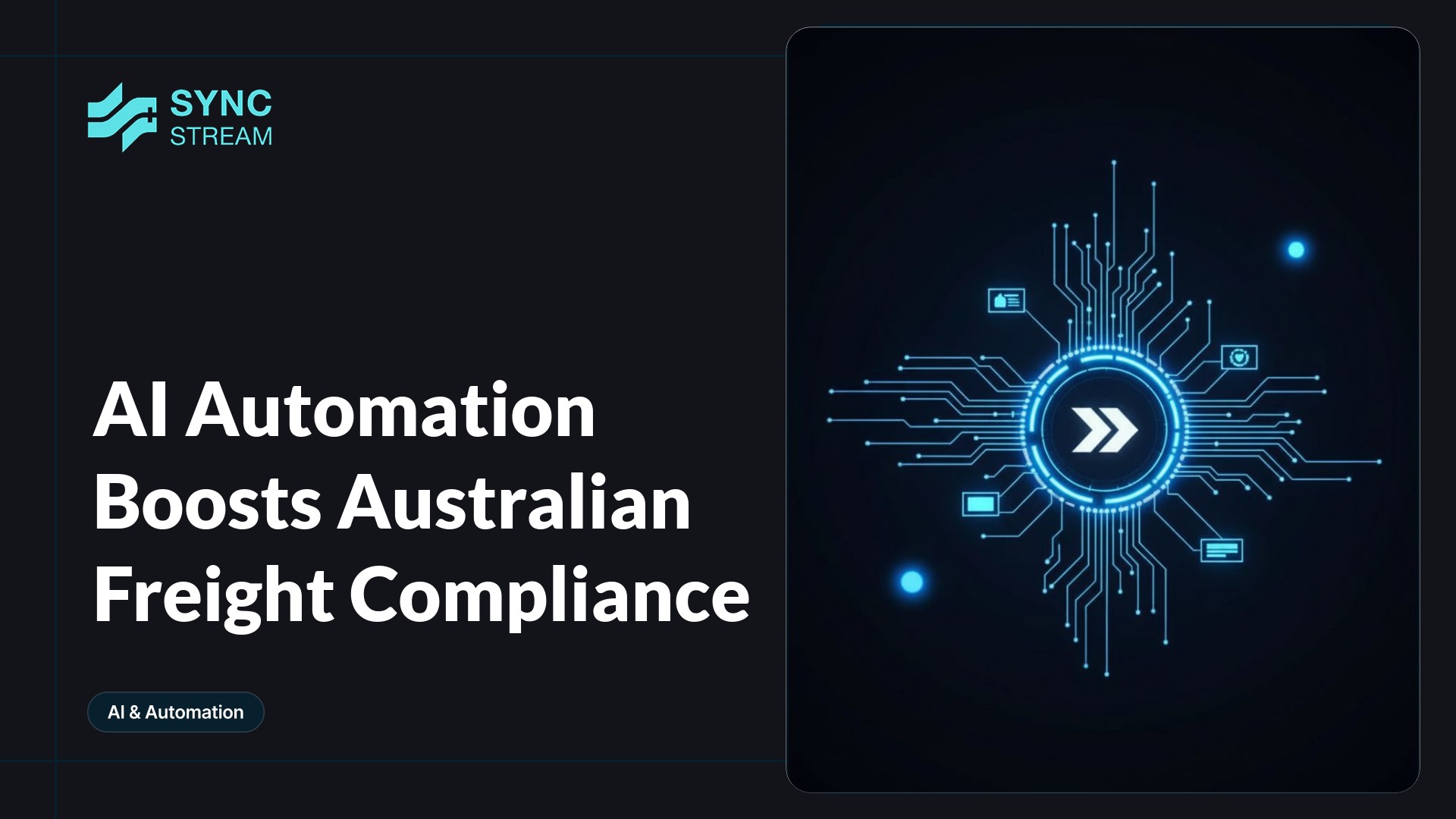 Neon circuit-style graphic of a freight truck connected to a glowing AI node with a bright compliance checkmark on a dark background.