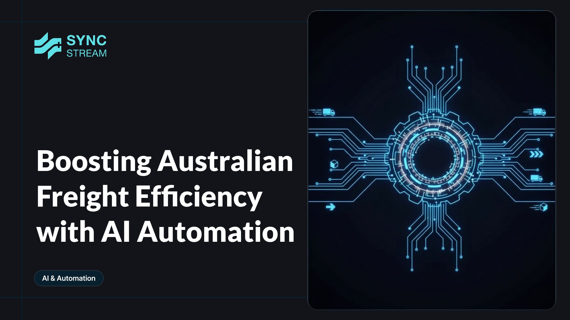 Minimal neon circuit-style graphic: a glowing turquoise-and-magenta stylized cargo truck made of circuit traces with a central AI chip and radiating node connections on a dark background.