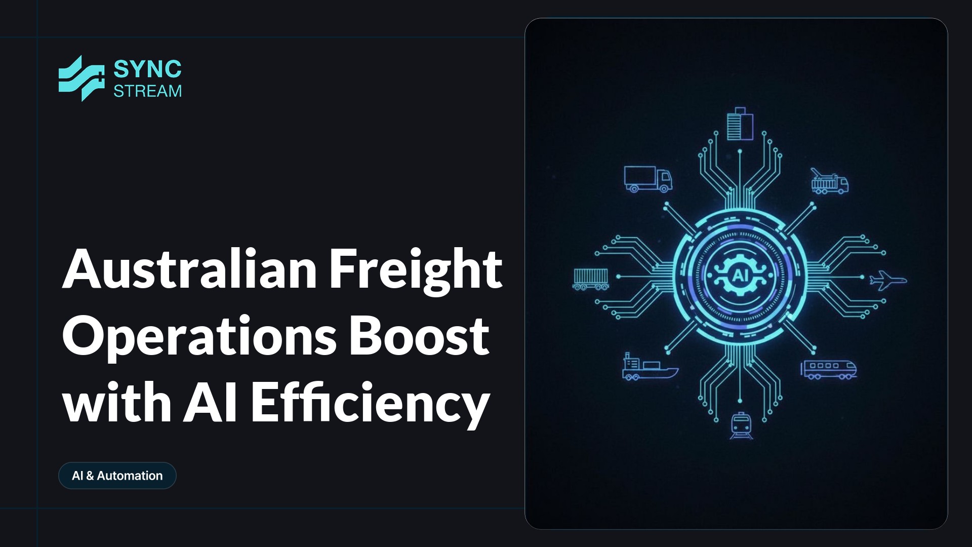 Minimal neon circuit-style freight truck silhouette centered with a glowing AI node and radiating blue-magenta circuit lines on a dark background, symbolizing AI-driven freight efficiency.