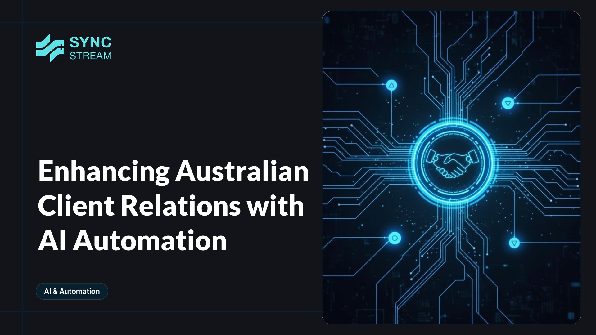 Minimal neon circuit-style AI chip centered on a dark background with glowing circuit lines connecting to two simple human silhouettes, suggesting automated client connections.