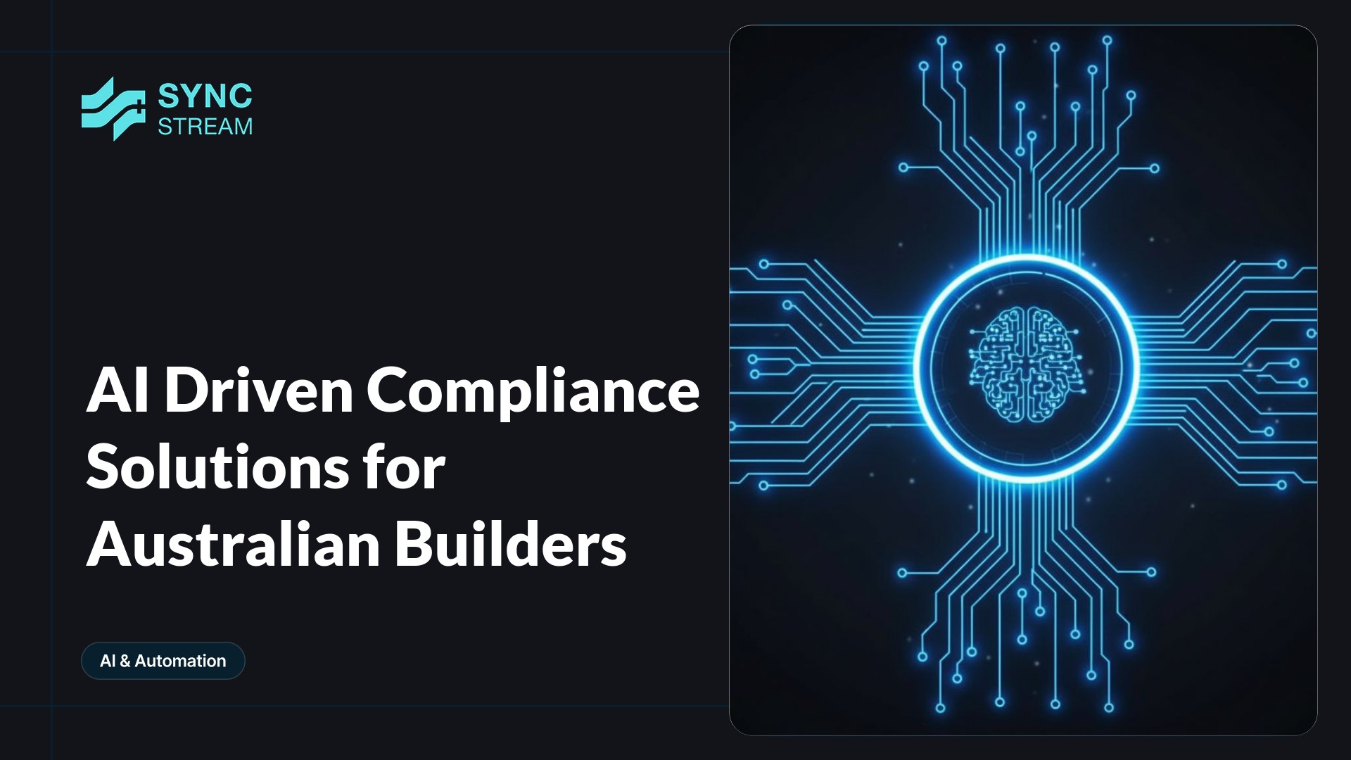 Central neon circuit-style AI brain merging with a simple construction helmet silhouette, glowing teal and magenta on a dark background to evoke AI-driven compliance for builders.