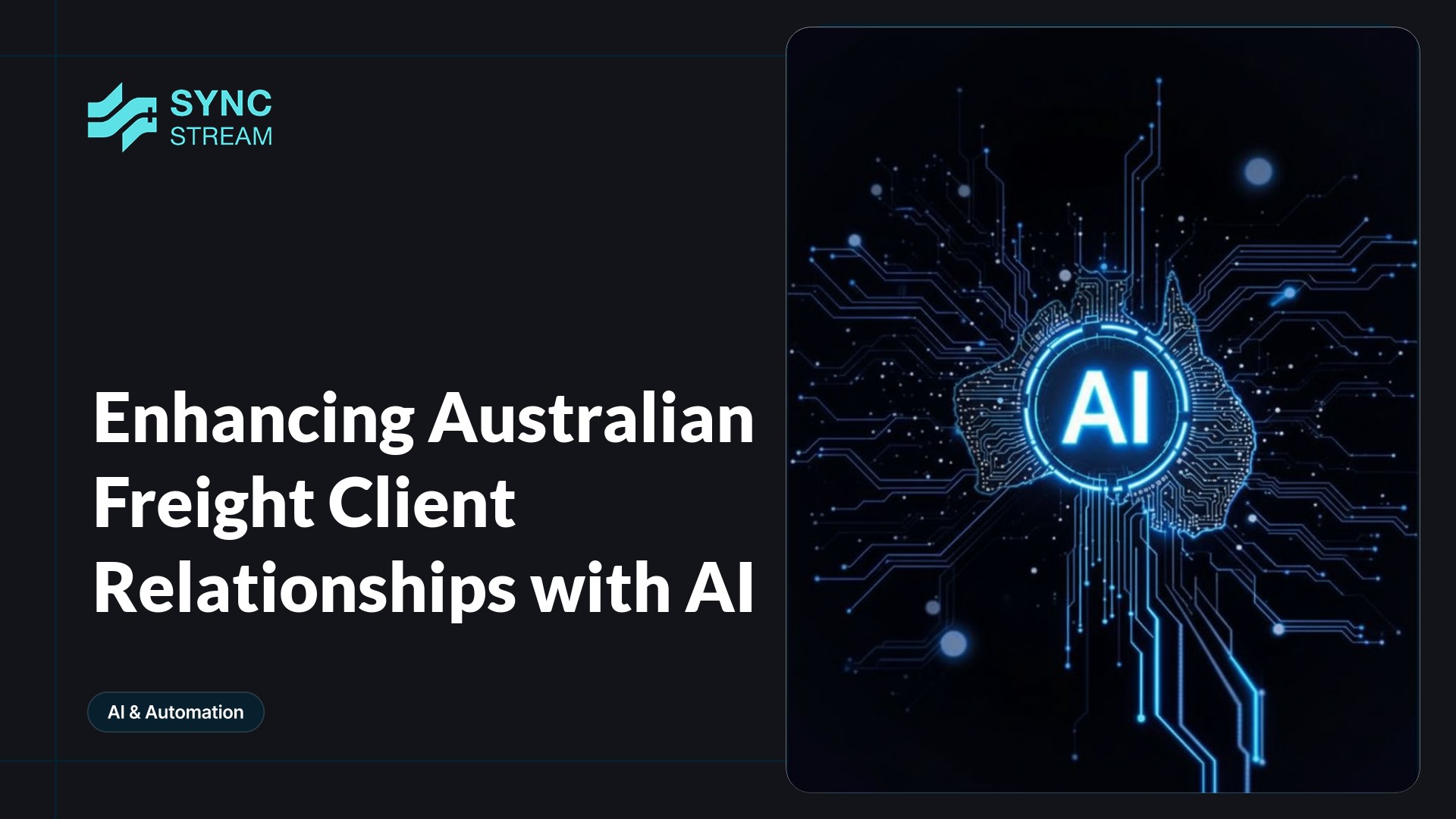 Minimal neon circuit-style graphic showing a central glowing AI node connected by neon circuit lines to simplified icons of a truck, a shipping container, and a handshake on a dark teal-and-magenta background.