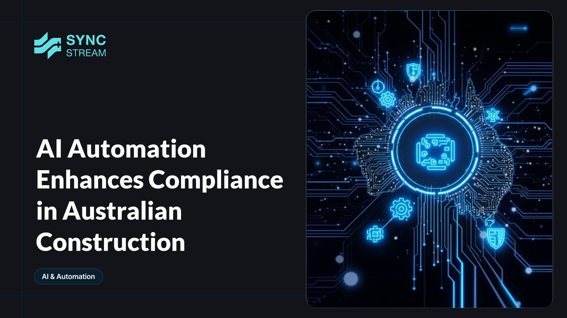 Neon circuit-style construction hard hat with an integrated checkmark, glowing blue and magenta on a dark background.