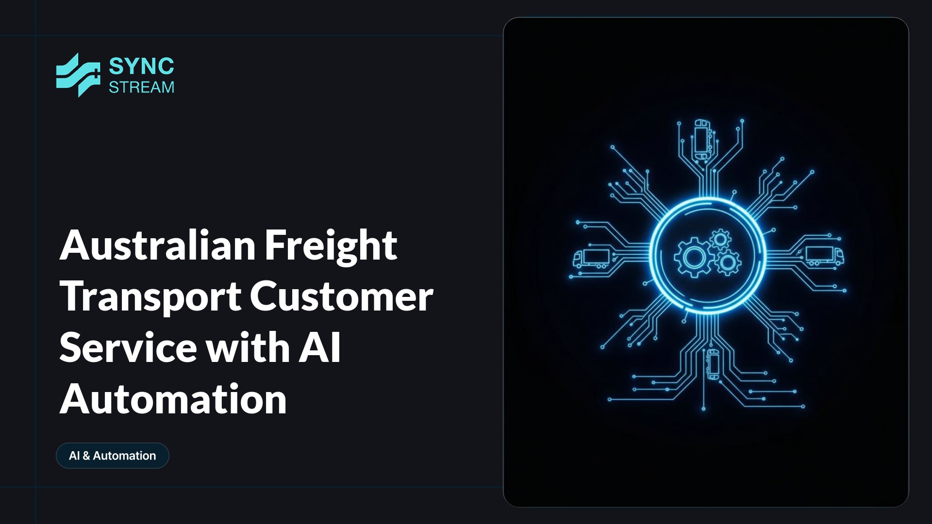 Minimal neon circuit graphic: a glowing AI chip integrated into a cargo truck silhouette with radiating circuit lines and nodes on a dark background, evoking automated freight customer service.