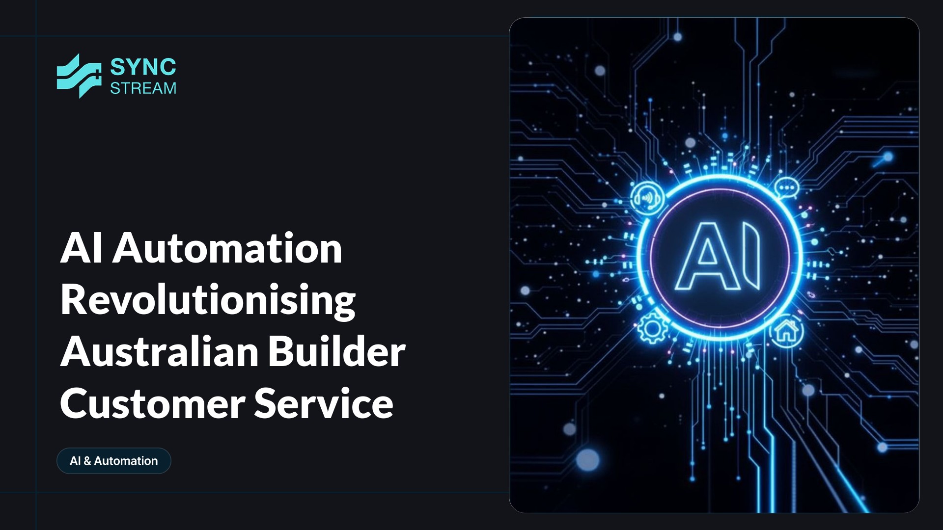 Minimal central neon circuit graphic: a glowing gear merged with a hard hat and headset, with bright circuit traces radiating outward on a dark background.