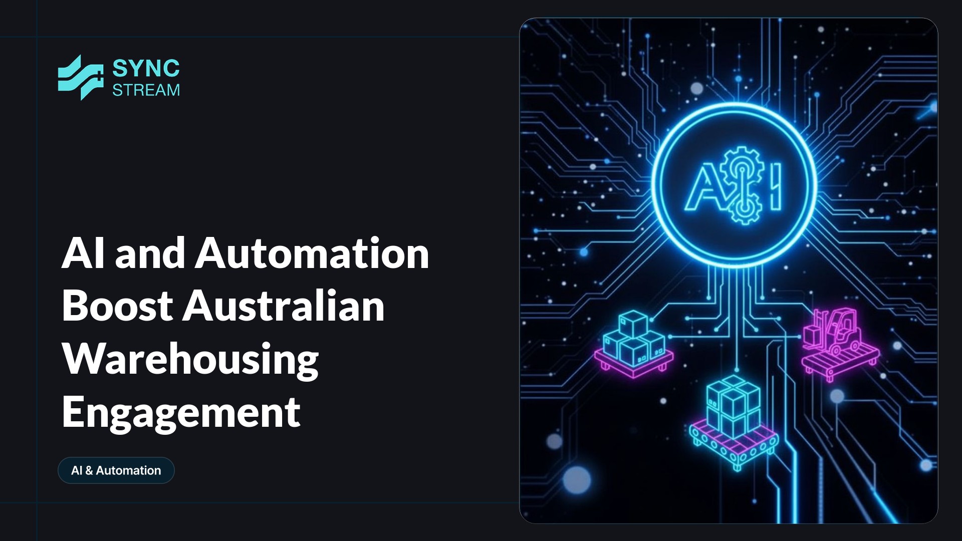 Minimal neon circuit-style graphic of a warehouse with a central glowing AI chip linked to automated robots and conveyor belts in electric blue and magenta.