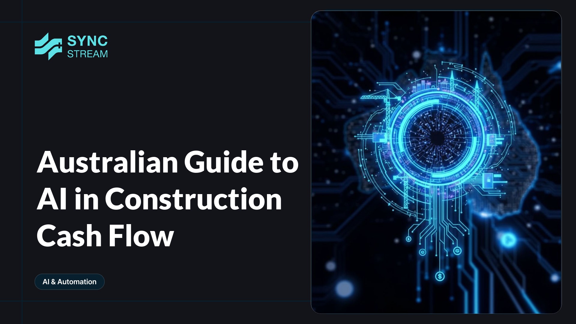 Minimal neon circuit-style icon: a construction crane and glowing cash-flow nodes in teal and magenta on a dark background.